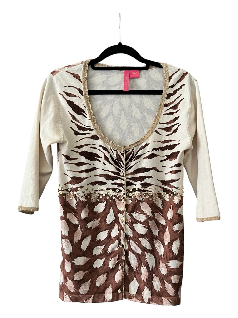 VTG Charlotte Tarantola Silk-Blend Embellished Mixed Animal Print Cardigan Top
